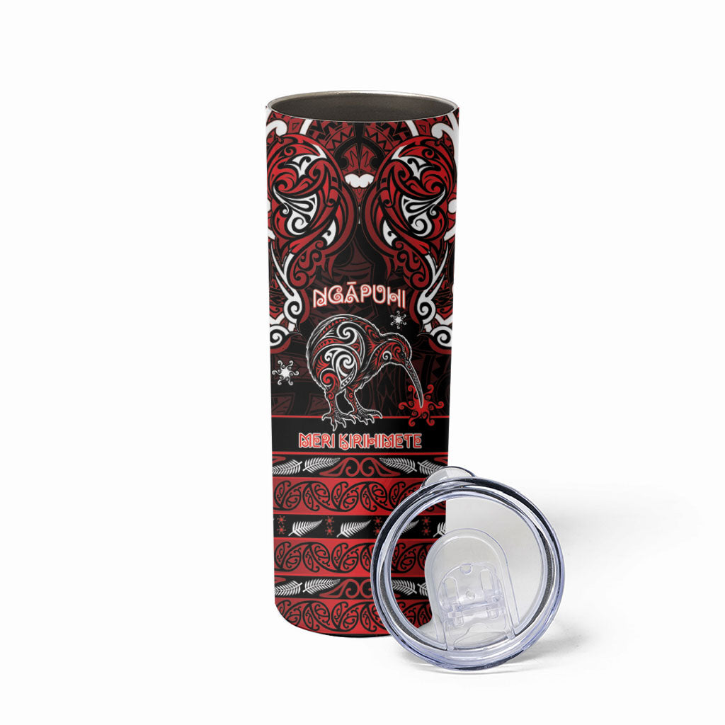 Personalised Ngapuhi Aotearoa Meri Kirihimete Skinny Tumbler Maori Kiwi Bird Silver Fern Koru Pattern