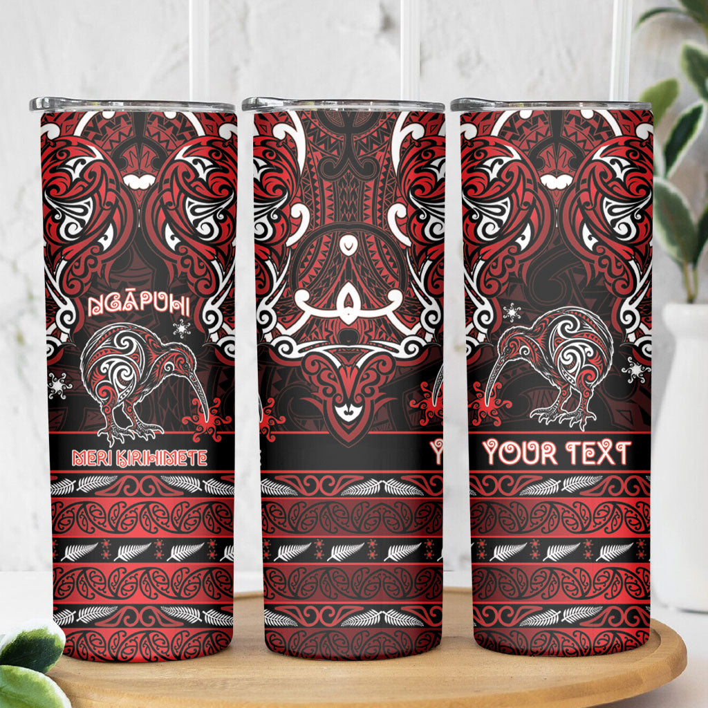 Personalised Ngapuhi Aotearoa Meri Kirihimete Skinny Tumbler Maori Kiwi Bird Silver Fern Koru Pattern