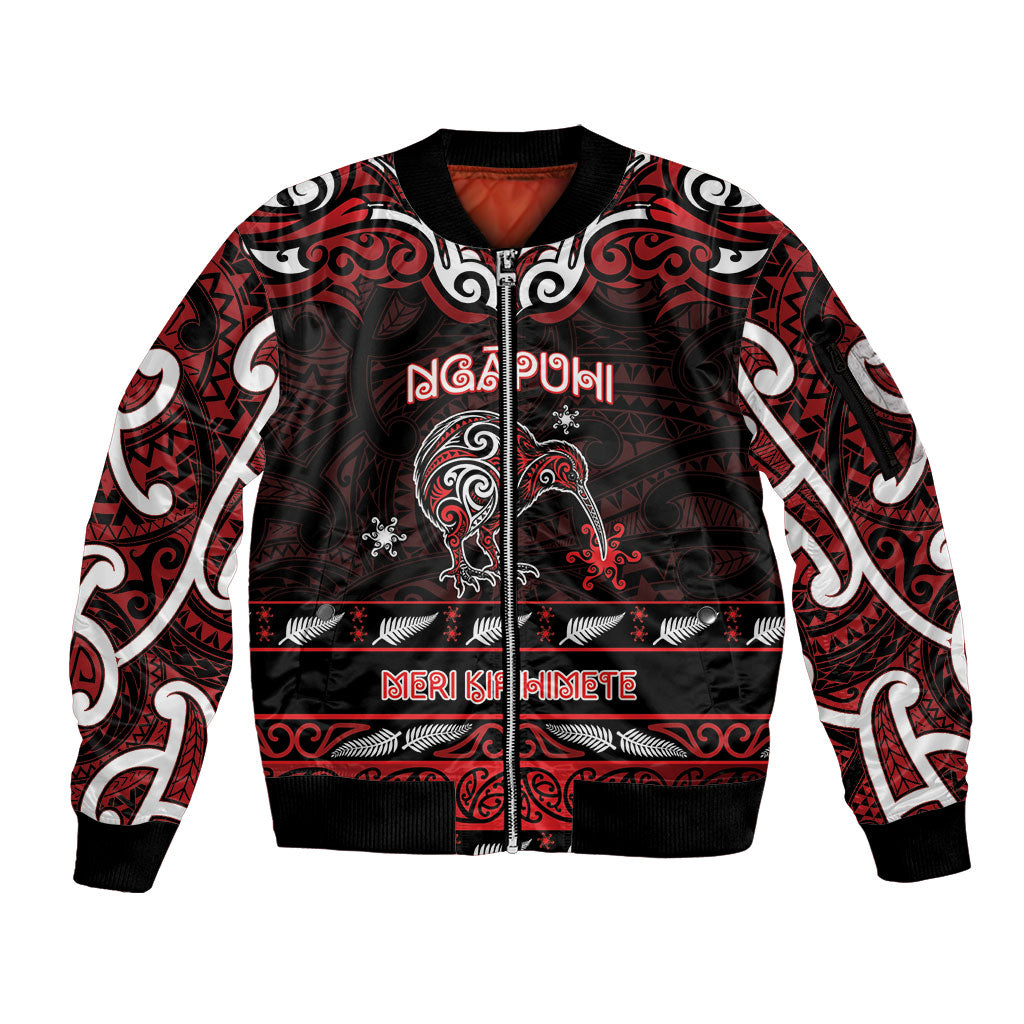 Personalised Ngapuhi Aotearoa Meri Kirihimete Sleeve Zip Bomber Jacket Maori Kiwi Bird Silver Fern Koru Pattern