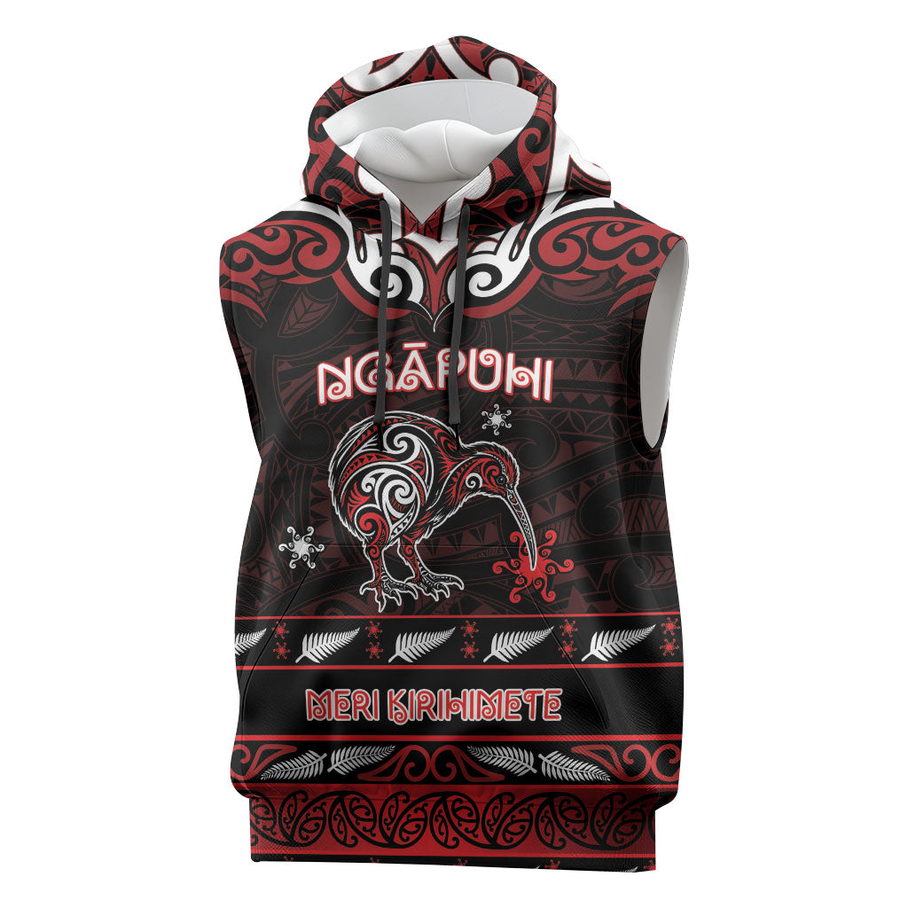 Personalised Ngapuhi Aotearoa Meri Kirihimete Sleeveless Hoodie Maori Kiwi Bird Silver Fern Koru Pattern