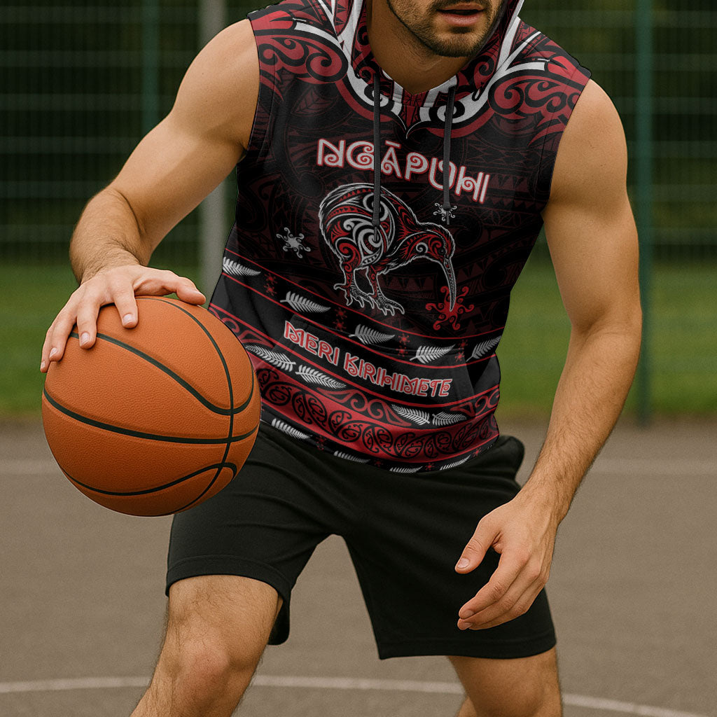 Personalised Ngapuhi Aotearoa Meri Kirihimete Sleeveless Hoodie Maori Kiwi Bird Silver Fern Koru Pattern