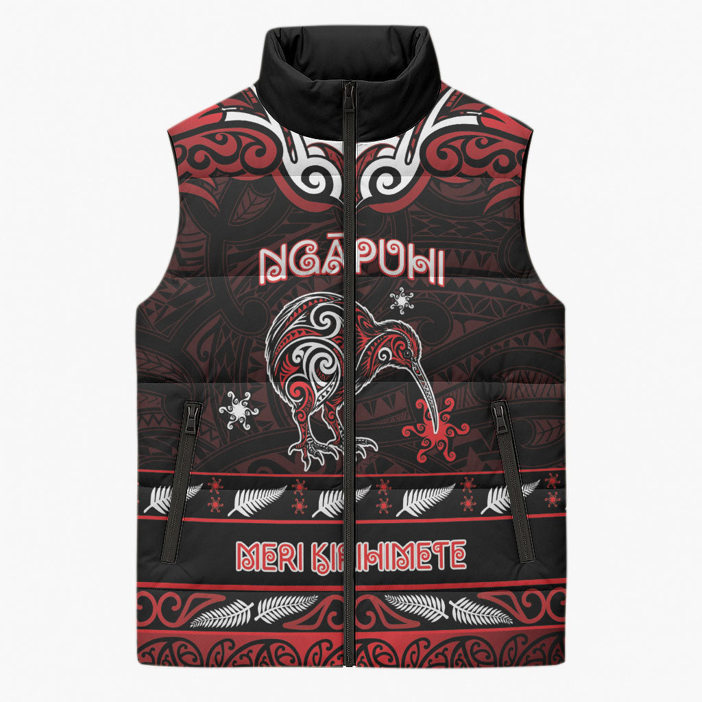 Personalised Ngapuhi Aotearoa Meri Kirihimete Sleeveless Puffer Jacket Maori Kiwi Bird Silver Fern Koru Pattern