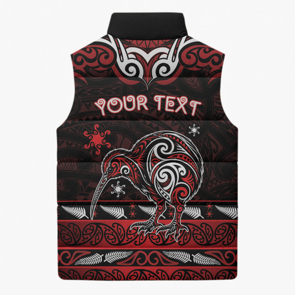 Personalised Ngapuhi Aotearoa Meri Kirihimete Sleeveless Puffer Jacket Maori Kiwi Bird Silver Fern Koru Pattern