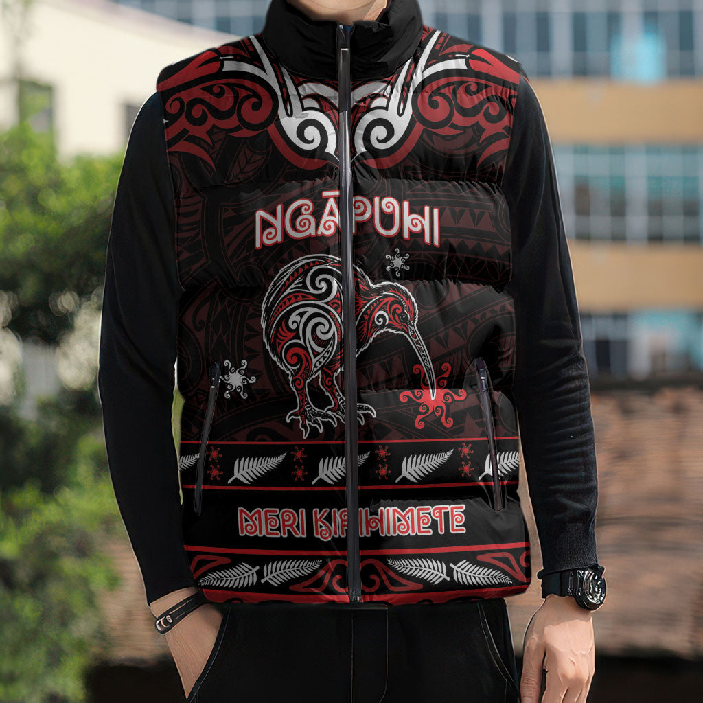Personalised Ngapuhi Aotearoa Meri Kirihimete Sleeveless Puffer Jacket Maori Kiwi Bird Silver Fern Koru Pattern
