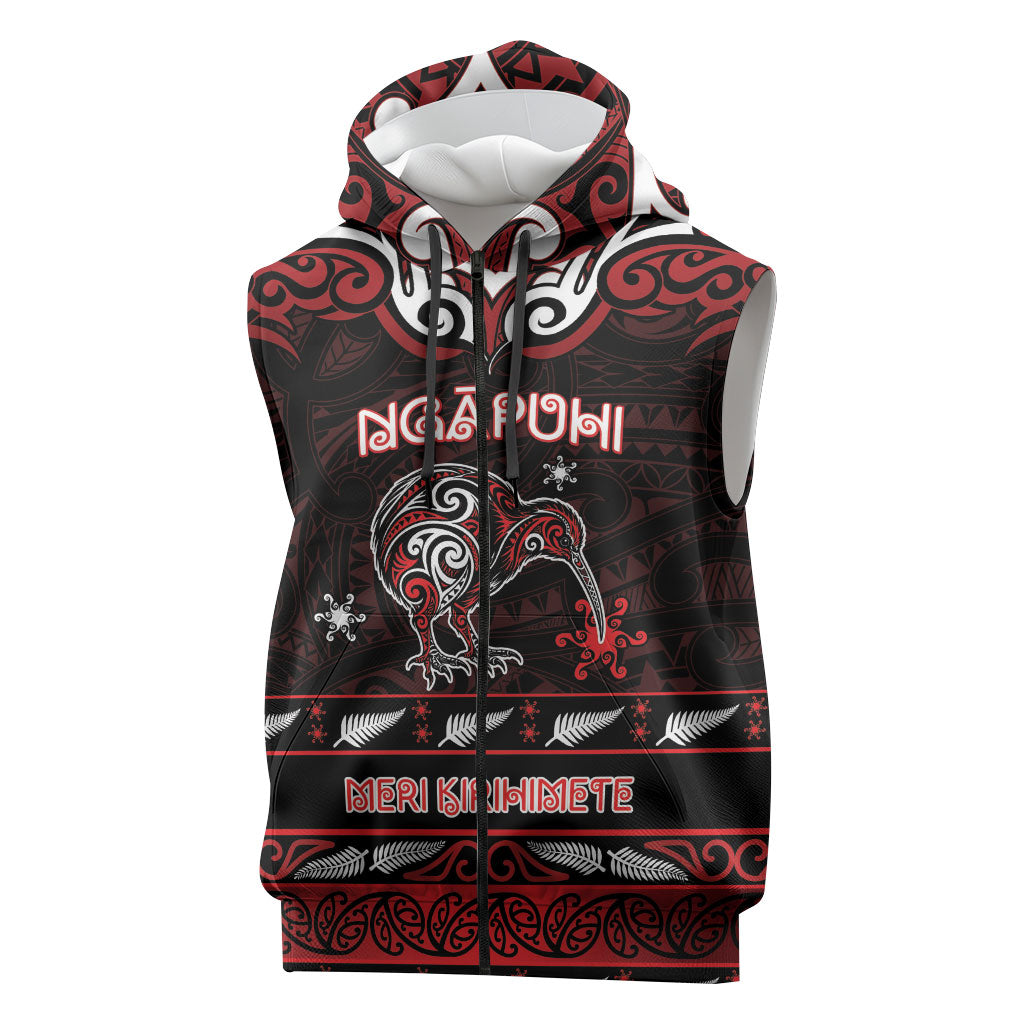Personalised Ngapuhi Aotearoa Meri Kirihimete Sleeveless Zip Hoodie Maori Kiwi Bird Silver Fern Koru Pattern