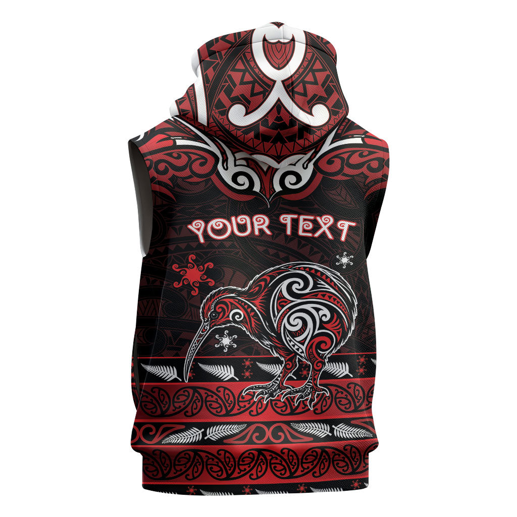 Personalised Ngapuhi Aotearoa Meri Kirihimete Sleeveless Zip Hoodie Maori Kiwi Bird Silver Fern Koru Pattern