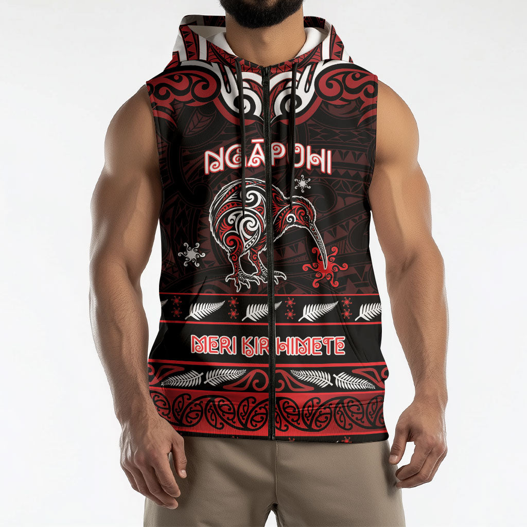Personalised Ngapuhi Aotearoa Meri Kirihimete Sleeveless Zip Hoodie Maori Kiwi Bird Silver Fern Koru Pattern