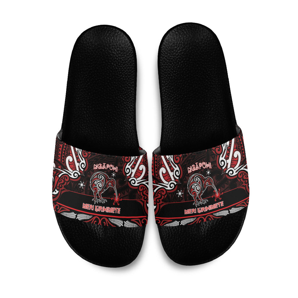 Ngapuhi Aotearoa Meri Kirihimete Slide Sandals Maori Kiwi Bird Silver Fern Koru Pattern