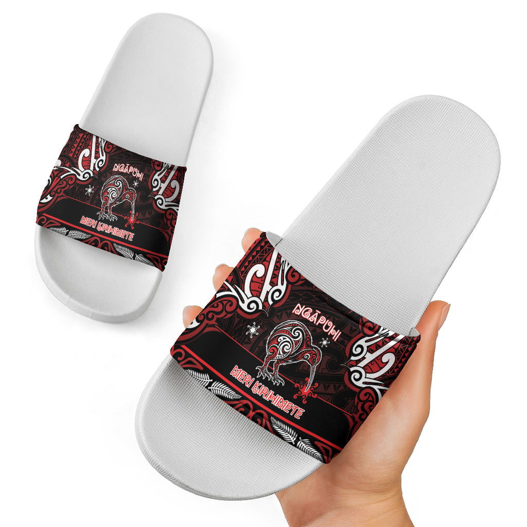 Ngapuhi Aotearoa Meri Kirihimete Slide Sandals Maori Kiwi Bird Silver Fern Koru Pattern