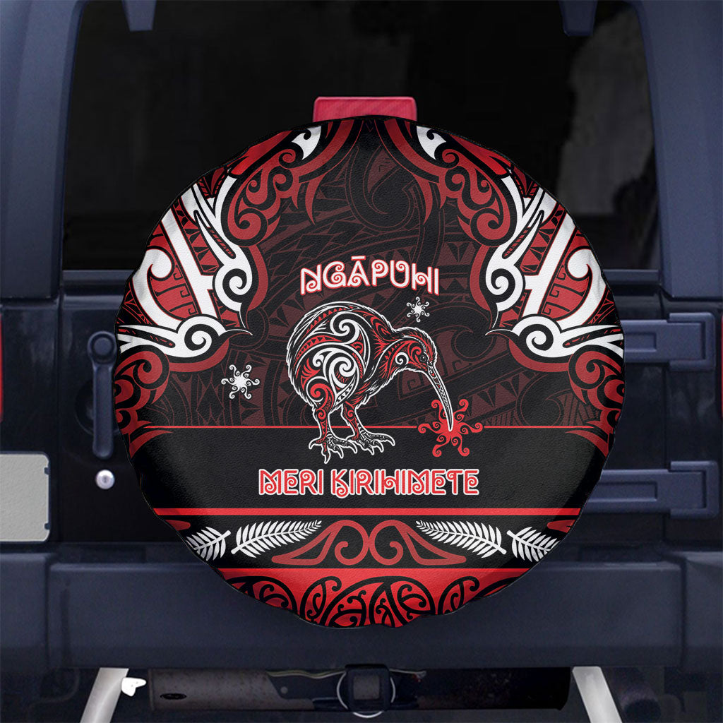 Ngapuhi Aotearoa Meri Kirihimete Spare Tire Cover Maori Kiwi Bird Silver Fern Koru Pattern
