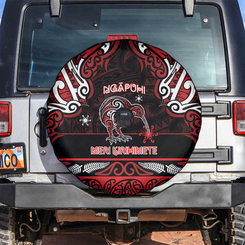 Ngapuhi Aotearoa Meri Kirihimete Spare Tire Cover Maori Kiwi Bird Silver Fern Koru Pattern