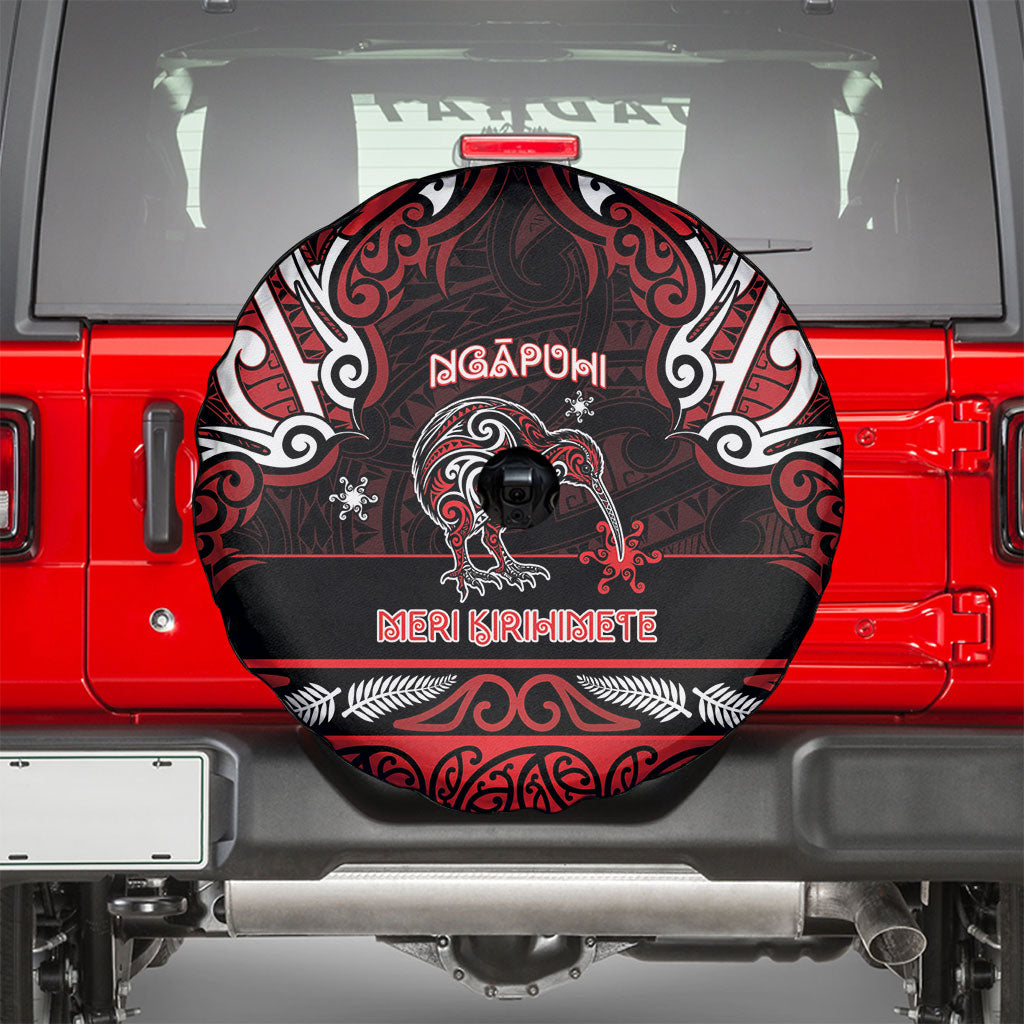 Ngapuhi Aotearoa Meri Kirihimete Spare Tire Cover Maori Kiwi Bird Silver Fern Koru Pattern