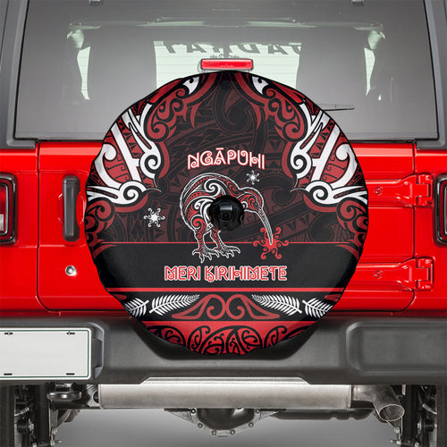 Ngapuhi Aotearoa Meri Kirihimete Spare Tire Cover Maori Kiwi Bird Silver Fern Koru Pattern