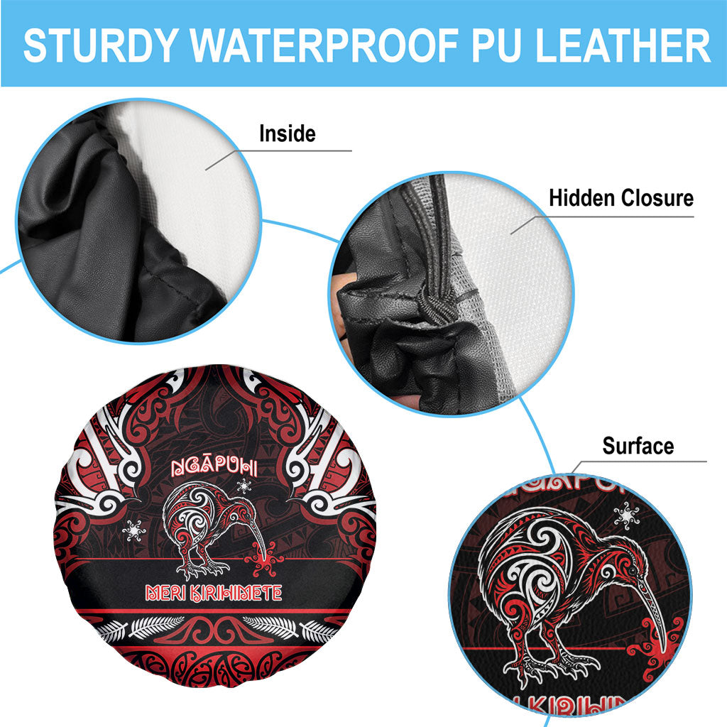 Ngapuhi Aotearoa Meri Kirihimete Spare Tire Cover Maori Kiwi Bird Silver Fern Koru Pattern