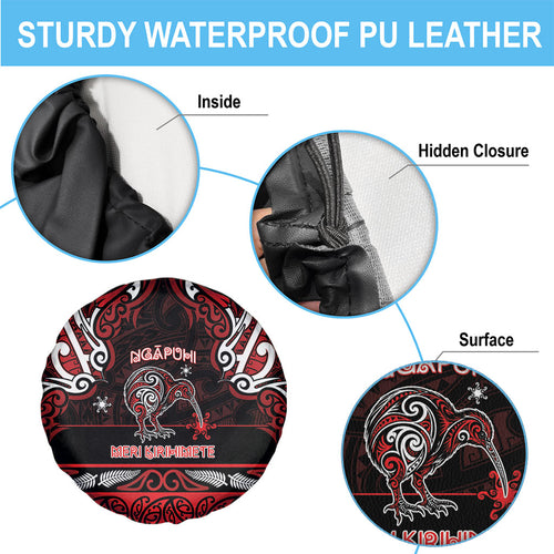 Ngapuhi Aotearoa Meri Kirihimete Spare Tire Cover Maori Kiwi Bird Silver Fern Koru Pattern