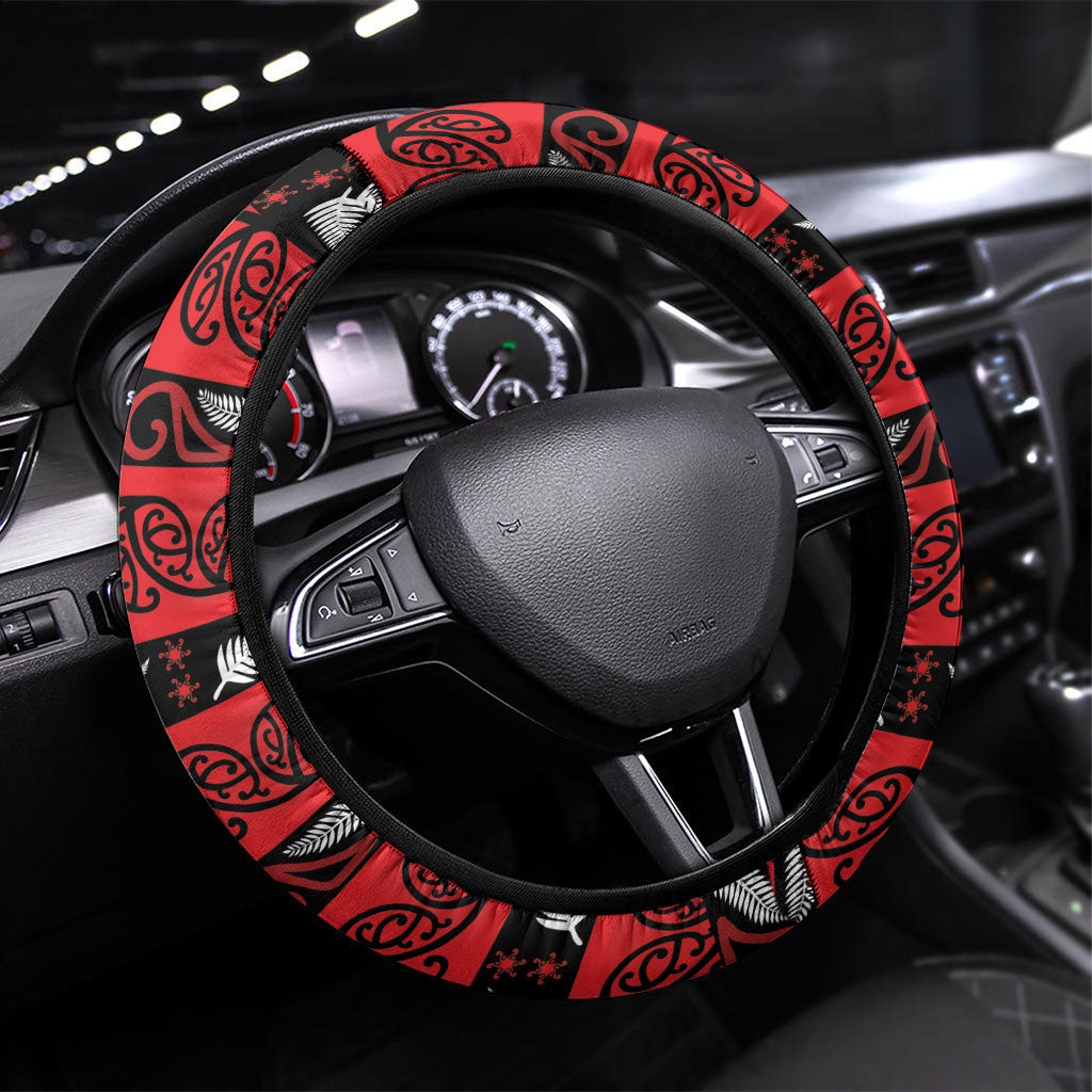 Ngapuhi Aotearoa Meri Kirihimete Steering Wheel Cover Maori Kiwi Bird Silver Fern Koru Pattern