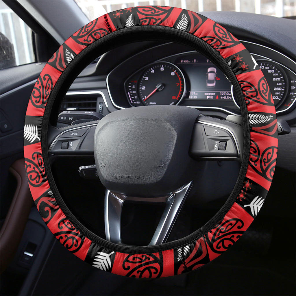 Ngapuhi Aotearoa Meri Kirihimete Steering Wheel Cover Maori Kiwi Bird Silver Fern Koru Pattern