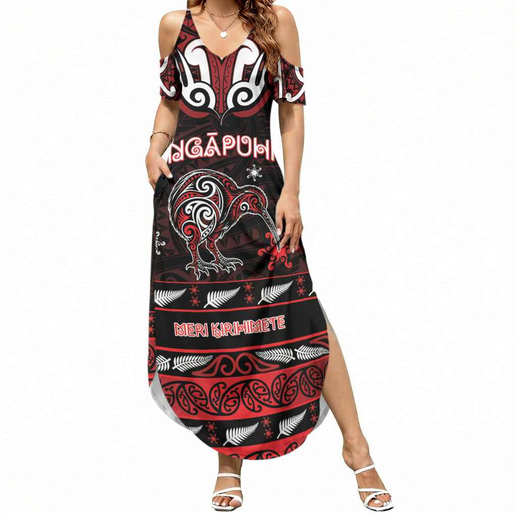 Personalised Ngapuhi Aotearoa Meri Kirihimete Summer Maxi Dress Maori Kiwi Bird Silver Fern Koru Pattern