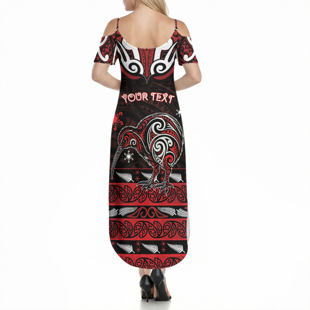 Personalised Ngapuhi Aotearoa Meri Kirihimete Summer Maxi Dress Maori Kiwi Bird Silver Fern Koru Pattern