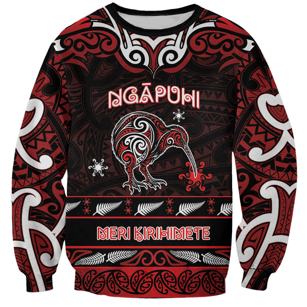 Personalised Ngapuhi Aotearoa Meri Kirihimete Sweatshirt Maori Kiwi Bird Silver Fern Koru Pattern