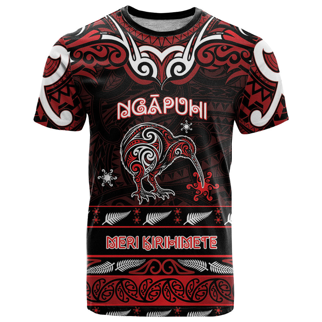Personalised Ngapuhi Aotearoa Meri Kirihimete T Shirt Maori Kiwi Bird Silver Fern Koru Pattern