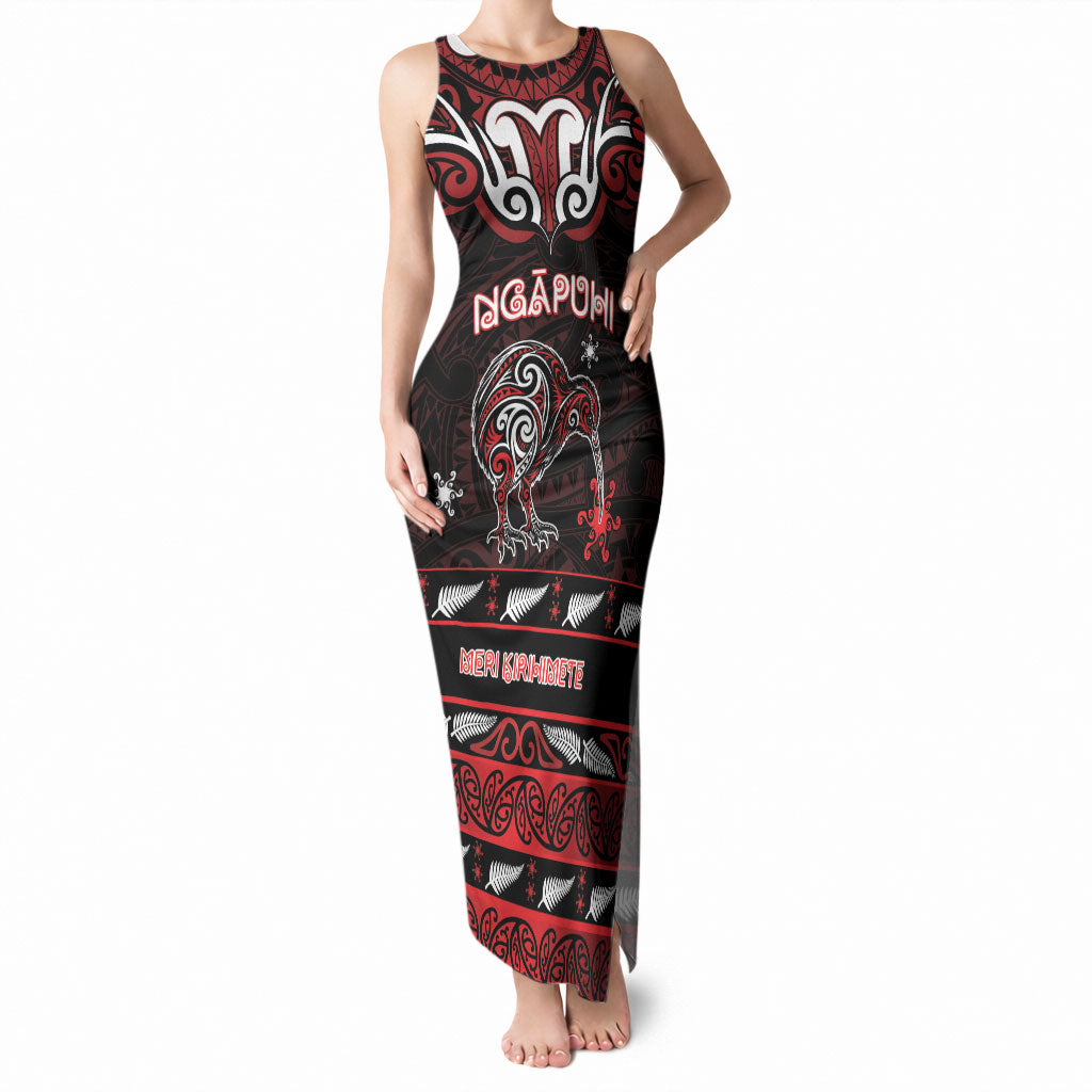 Personalised Ngapuhi Aotearoa Meri Kirihimete Tank Maxi Dress Maori Kiwi Bird Silver Fern Koru Pattern