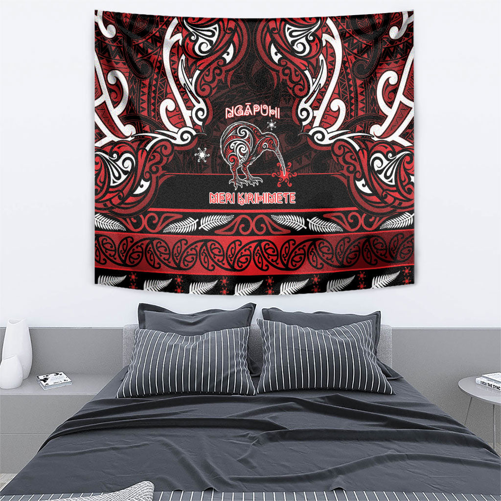 Ngapuhi Aotearoa Meri Kirihimete Tapestry Maori Kiwi Bird Silver Fern Koru Pattern
