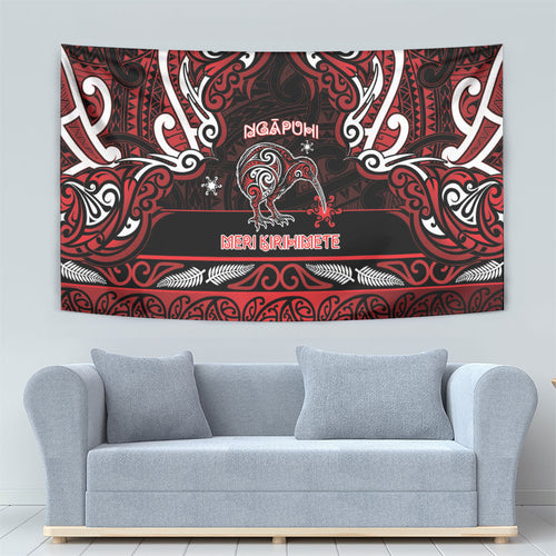 Ngapuhi Aotearoa Meri Kirihimete Tapestry Maori Kiwi Bird Silver Fern Koru Pattern