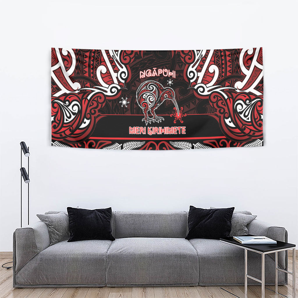 Ngapuhi Aotearoa Meri Kirihimete Tapestry Maori Kiwi Bird Silver Fern Koru Pattern