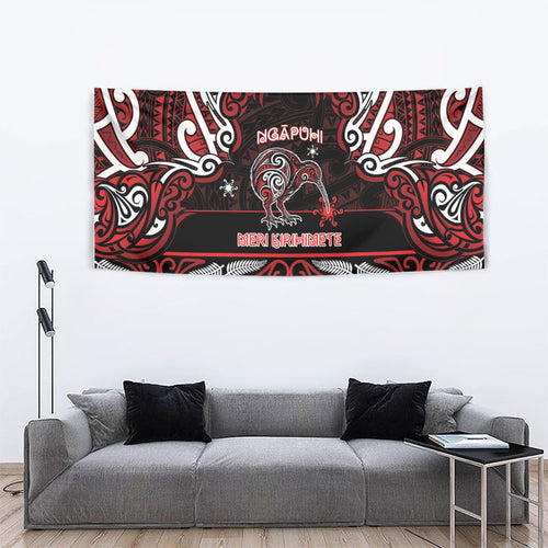 Ngapuhi Aotearoa Meri Kirihimete Tapestry Maori Kiwi Bird Silver Fern Koru Pattern