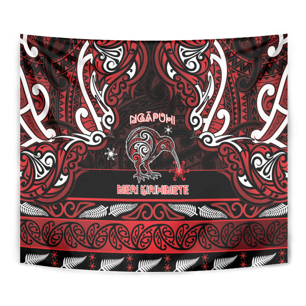 Ngapuhi Aotearoa Meri Kirihimete Tapestry Maori Kiwi Bird Silver Fern Koru Pattern