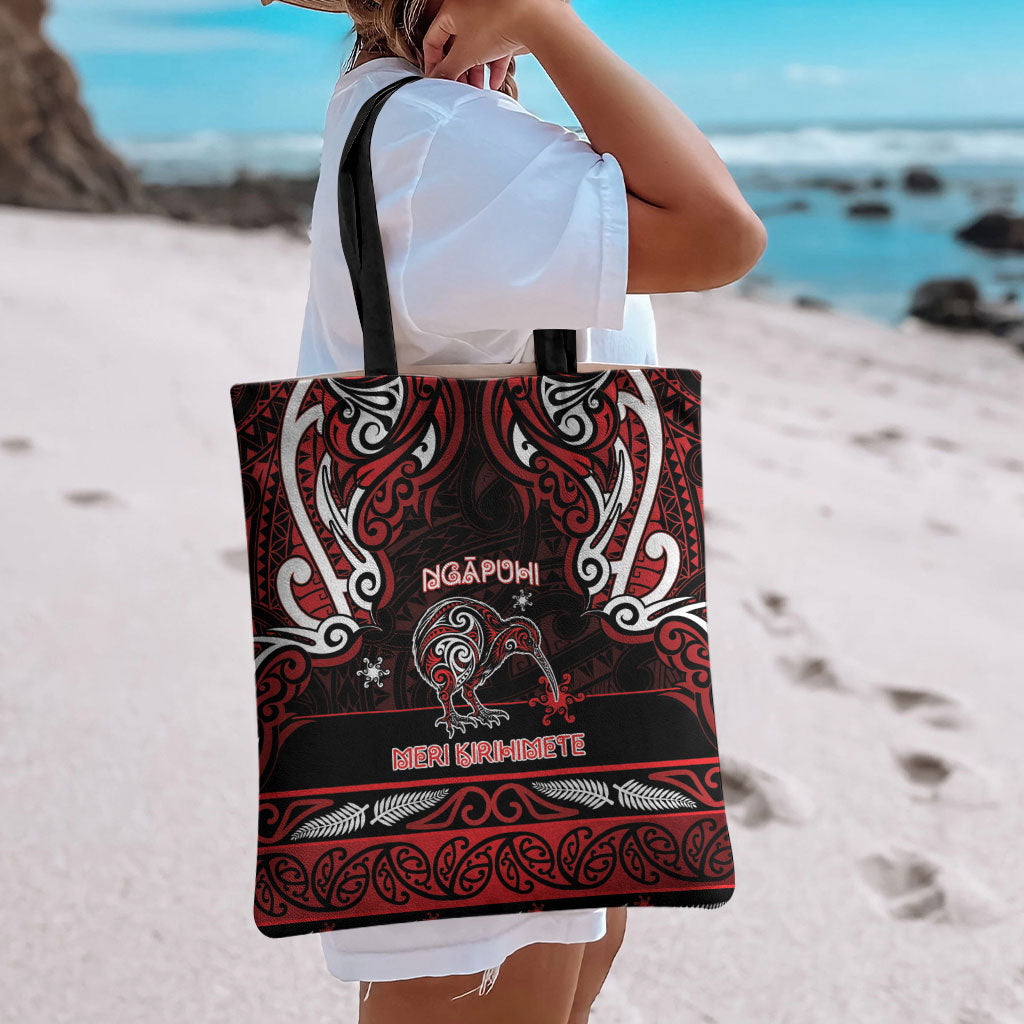 Ngapuhi Aotearoa Meri Kirihimete Tote Bag Maori Kiwi Bird Silver Fern Koru Pattern