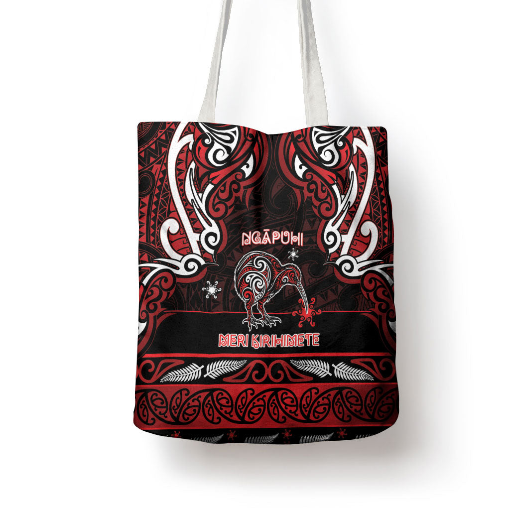Ngapuhi Aotearoa Meri Kirihimete Tote Bag Maori Kiwi Bird Silver Fern Koru Pattern