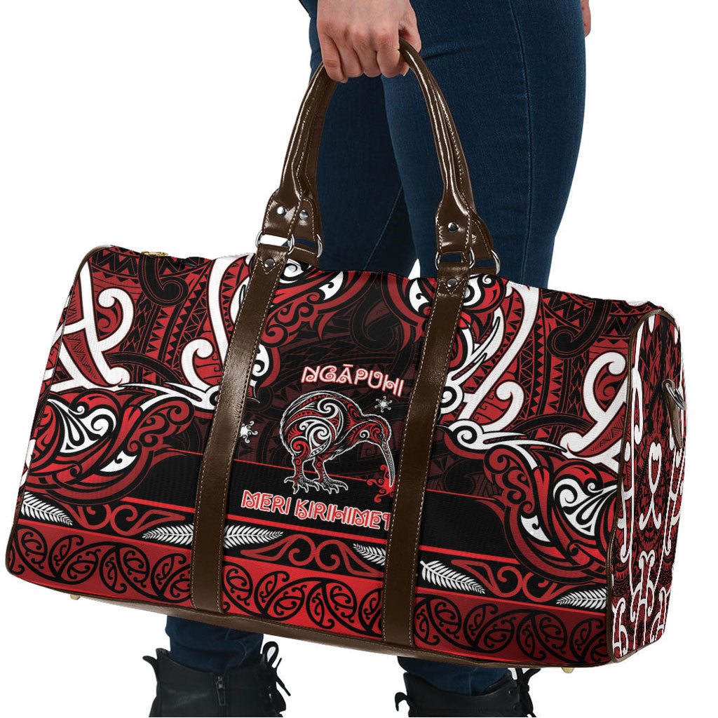 Ngapuhi Aotearoa Meri Kirihimete Travel Bag Maori Kiwi Bird Silver Fern Koru Pattern