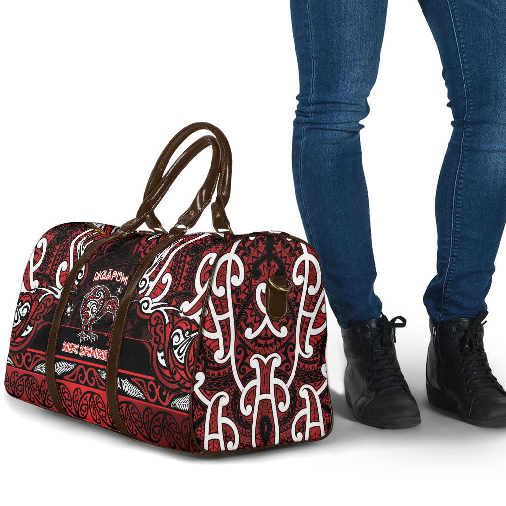Ngapuhi Aotearoa Meri Kirihimete Travel Bag Maori Kiwi Bird Silver Fern Koru Pattern