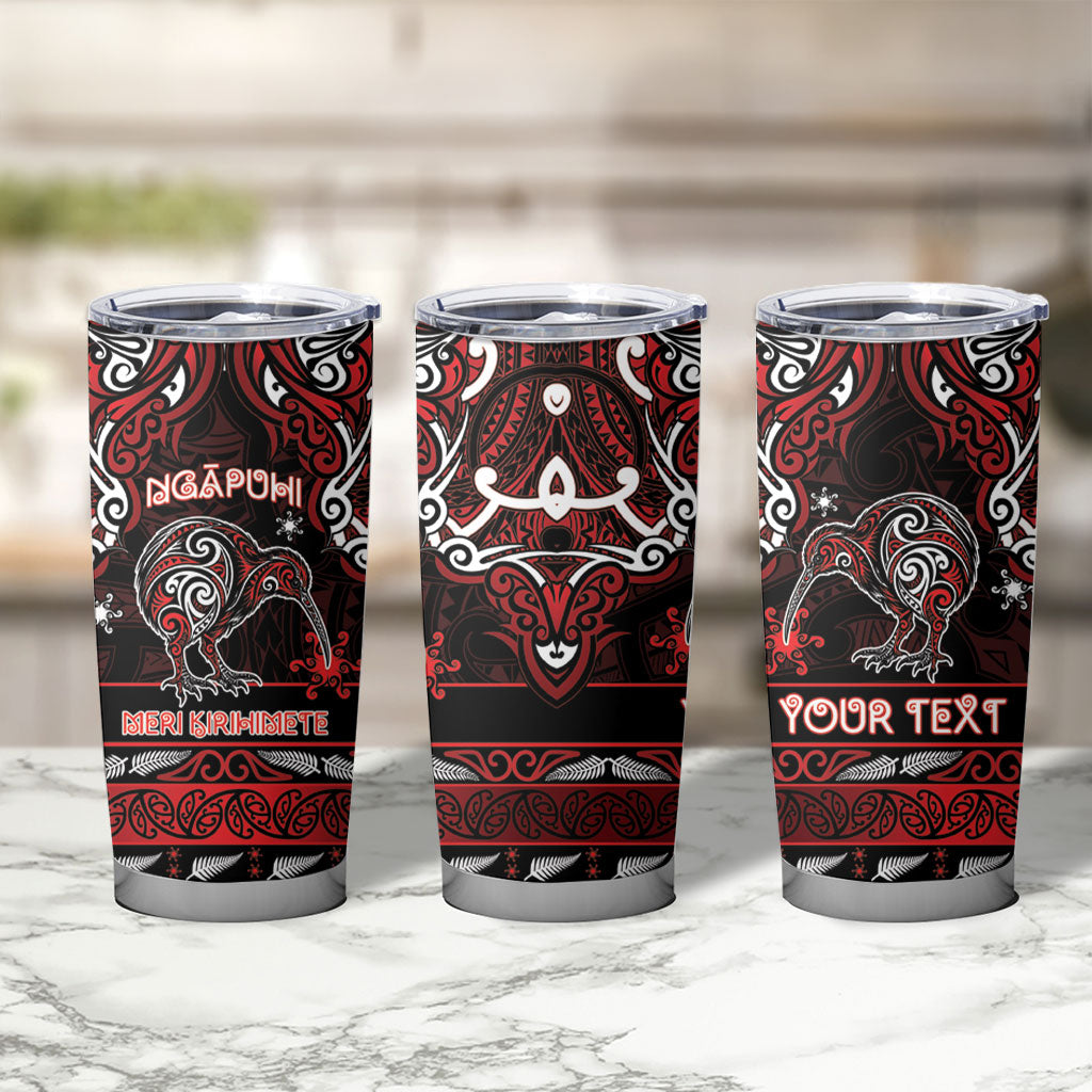 Personalised Ngapuhi Aotearoa Meri Kirihimete Tumbler Cup Maori Kiwi Bird Silver Fern Koru Pattern