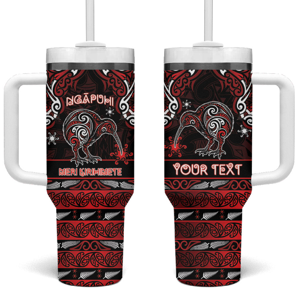 Personalised Ngapuhi Aotearoa Meri Kirihimete Tumbler With Handle Maori Kiwi Bird Silver Fern Koru Pattern