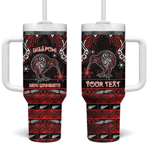 Personalised Ngapuhi Aotearoa Meri Kirihimete Tumbler With Handle Maori Kiwi Bird Silver Fern Koru Pattern