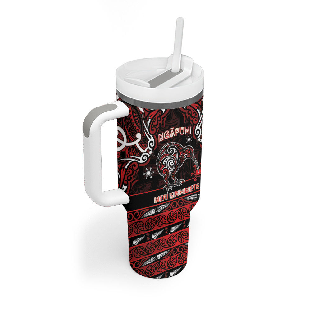 Personalised Ngapuhi Aotearoa Meri Kirihimete Tumbler With Handle Maori Kiwi Bird Silver Fern Koru Pattern