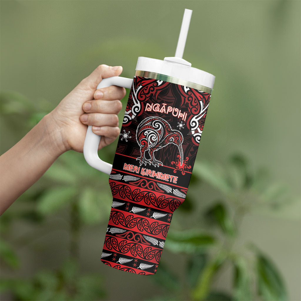Personalised Ngapuhi Aotearoa Meri Kirihimete Tumbler With Handle Maori Kiwi Bird Silver Fern Koru Pattern