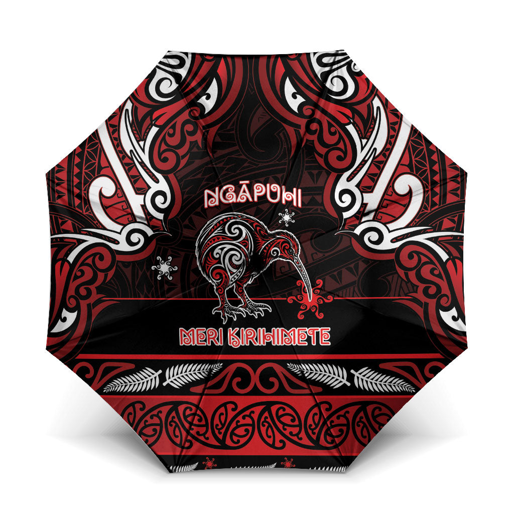 Ngapuhi Aotearoa Meri Kirihimete Umbrella Maori Kiwi Bird Silver Fern Koru Pattern