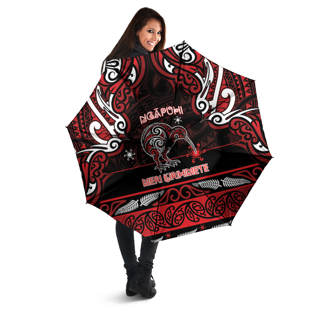 Ngapuhi Aotearoa Meri Kirihimete Umbrella Maori Kiwi Bird Silver Fern Koru Pattern