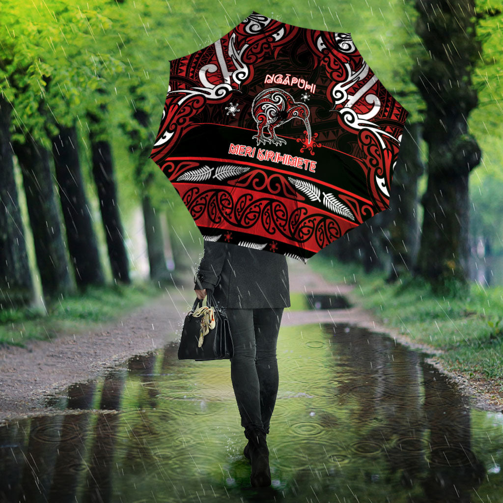 Ngapuhi Aotearoa Meri Kirihimete Umbrella Maori Kiwi Bird Silver Fern Koru Pattern