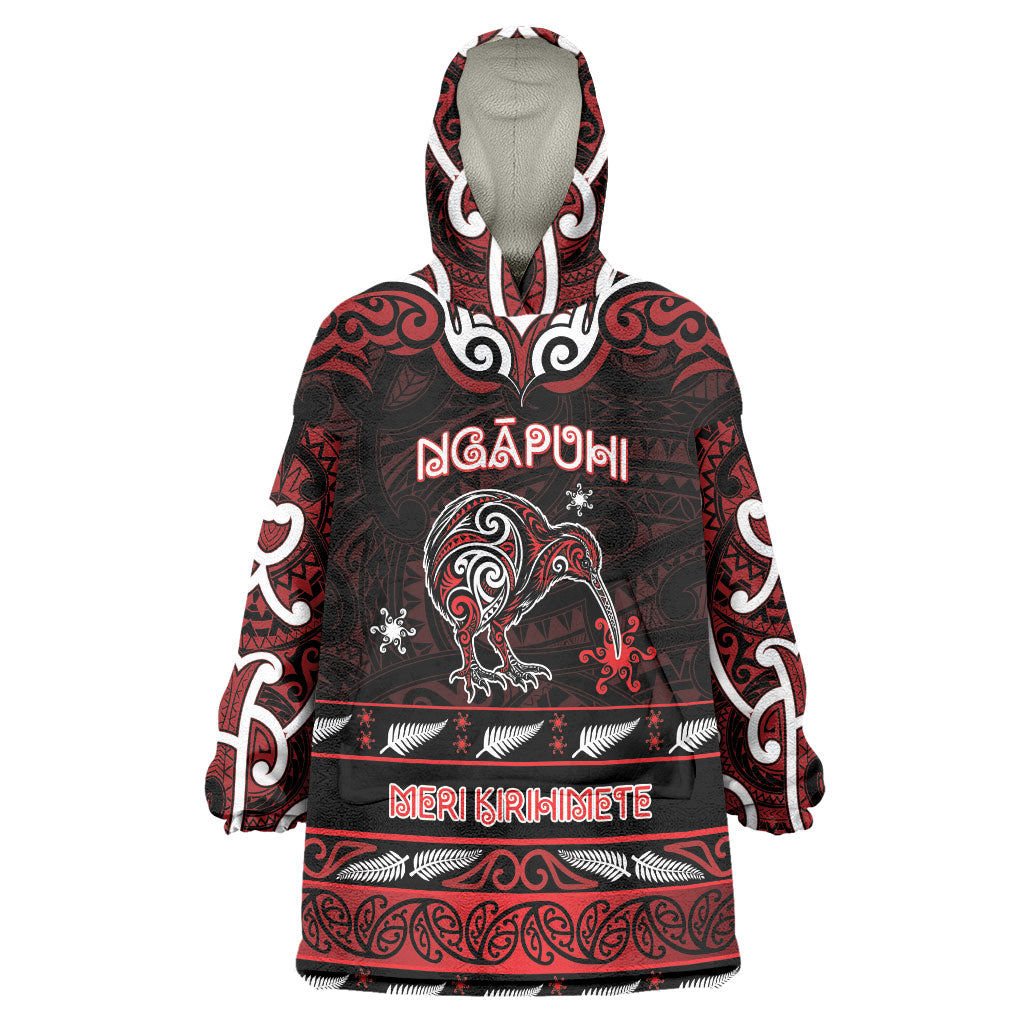 Personalised Ngapuhi Aotearoa Meri Kirihimete Wearable Blanket Hoodie Maori Kiwi Bird Silver Fern Koru Pattern