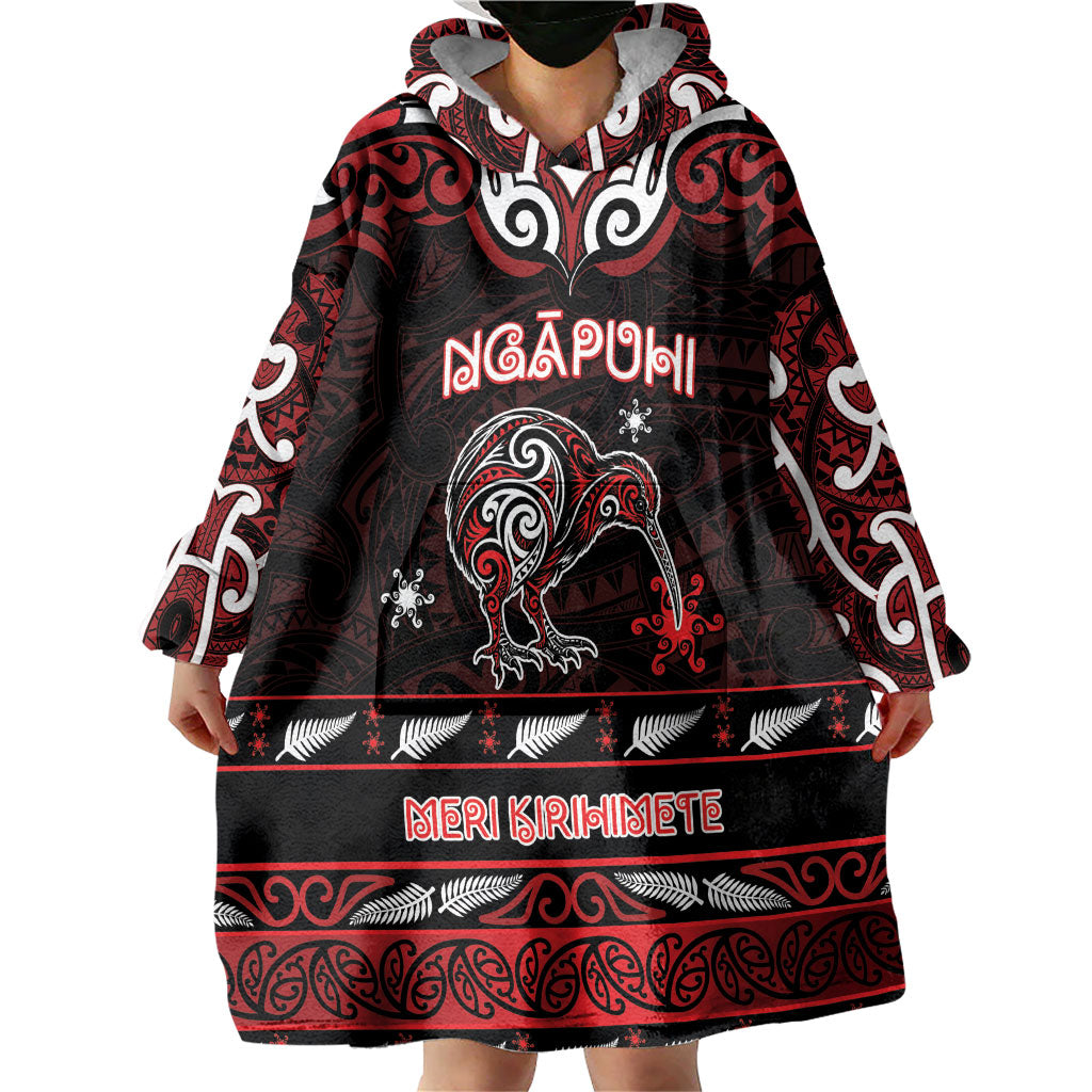Personalised Ngapuhi Aotearoa Meri Kirihimete Wearable Blanket Hoodie Maori Kiwi Bird Silver Fern Koru Pattern