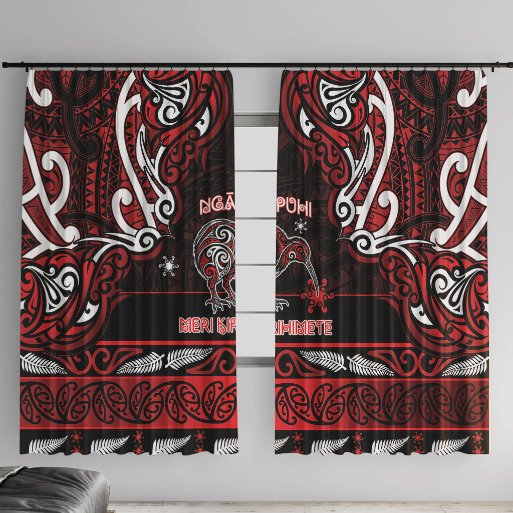 Ngapuhi Aotearoa Meri Kirihimete Window Curtain Maori Kiwi Bird Silver Fern Koru Pattern