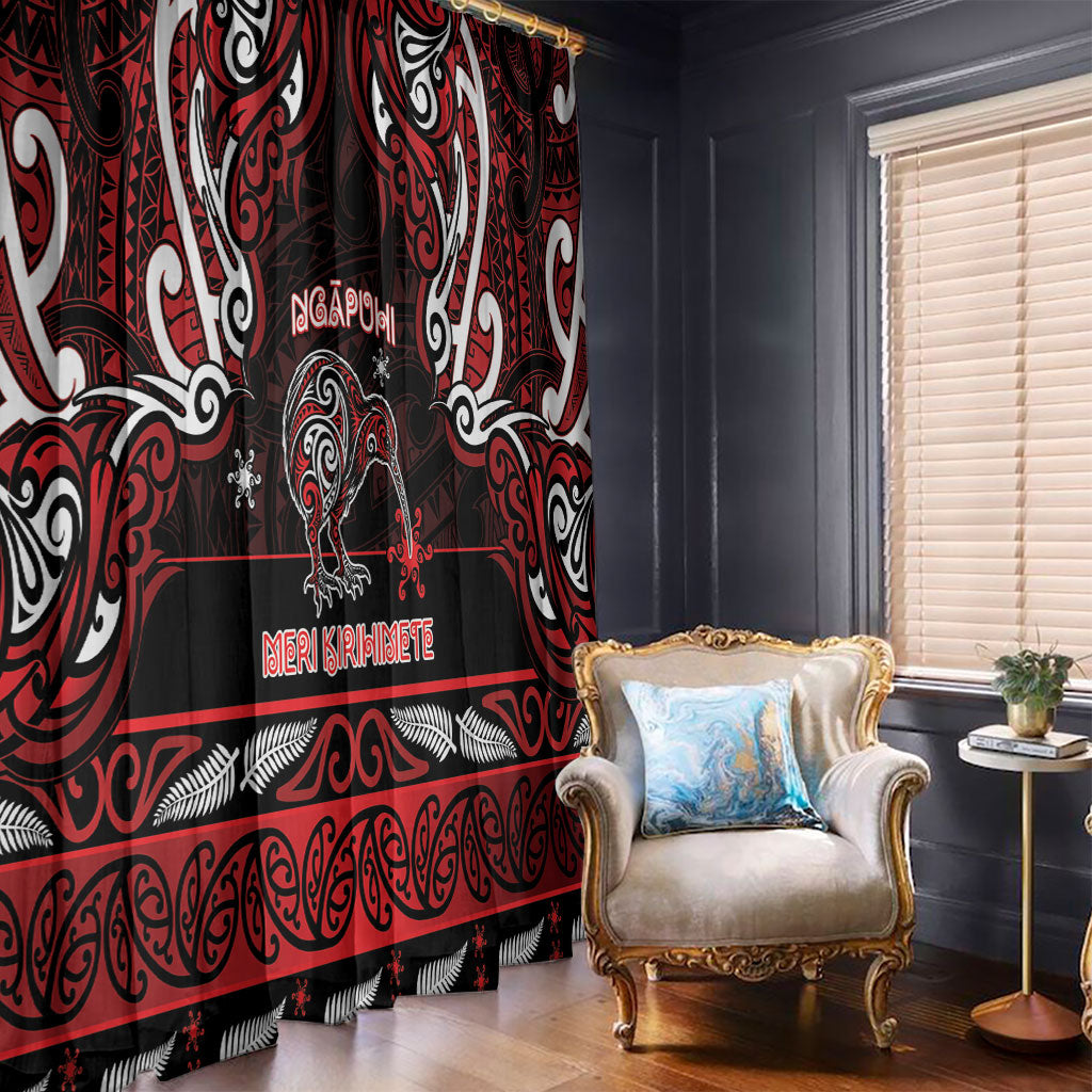 Ngapuhi Aotearoa Meri Kirihimete Window Curtain Maori Kiwi Bird Silver Fern Koru Pattern
