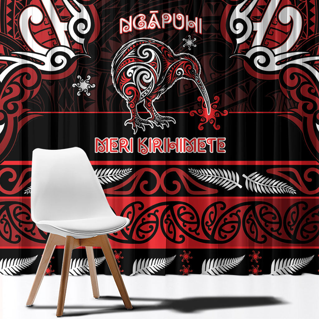 Ngapuhi Aotearoa Meri Kirihimete Window Curtain Maori Kiwi Bird Silver Fern Koru Pattern