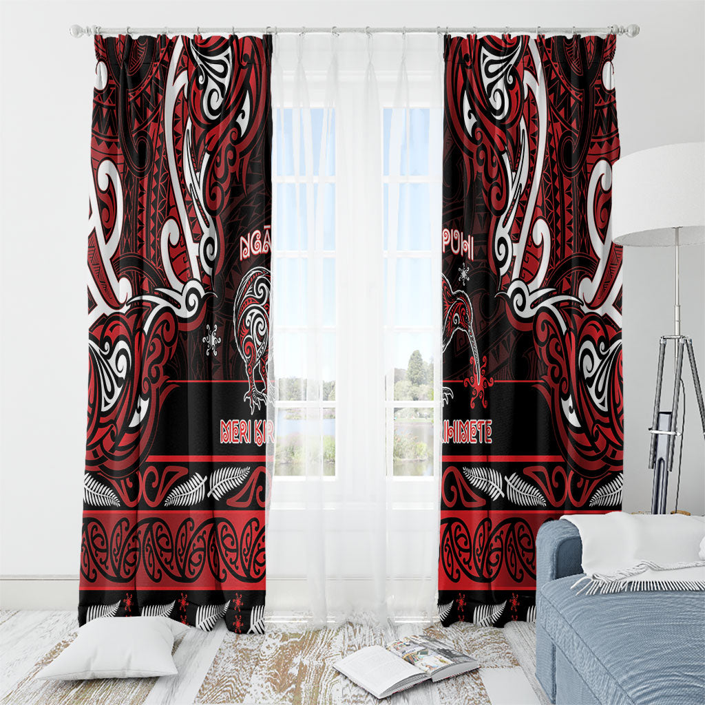 Ngapuhi Aotearoa Meri Kirihimete Window Curtain Maori Kiwi Bird Silver Fern Koru Pattern