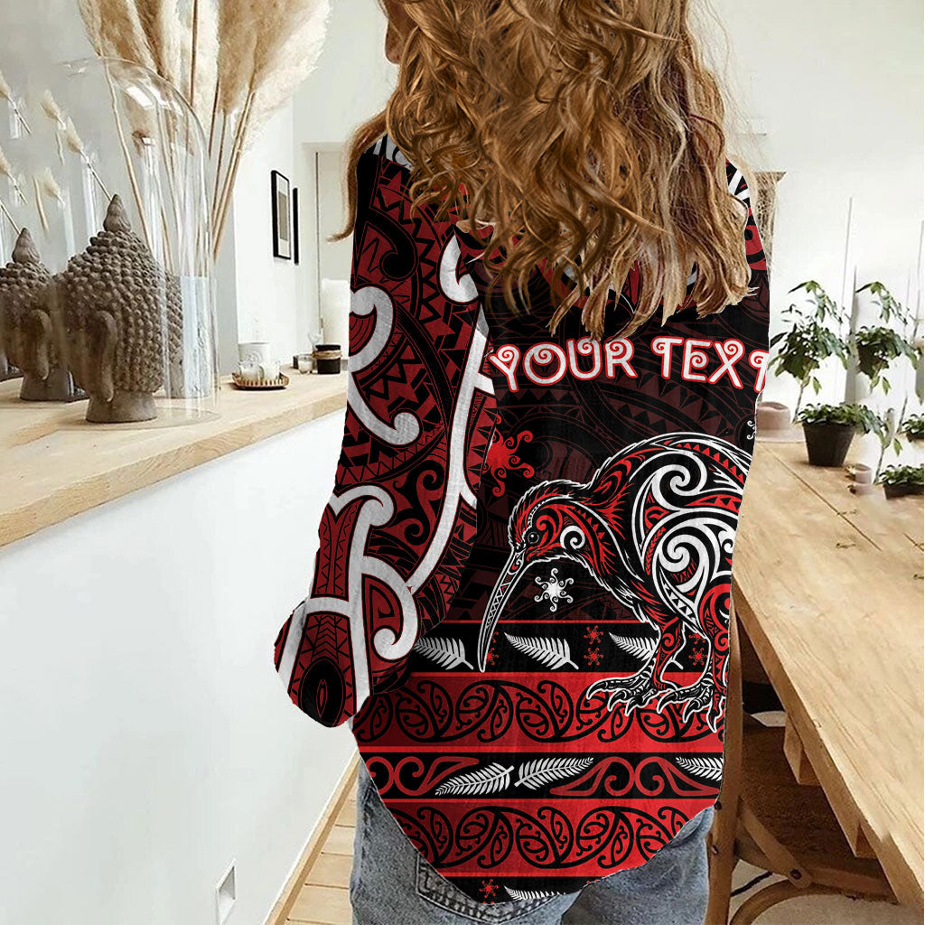 Personalised Ngapuhi Aotearoa Meri Kirihimete Women Casual Shirt Maori Kiwi Bird Silver Fern Koru Pattern